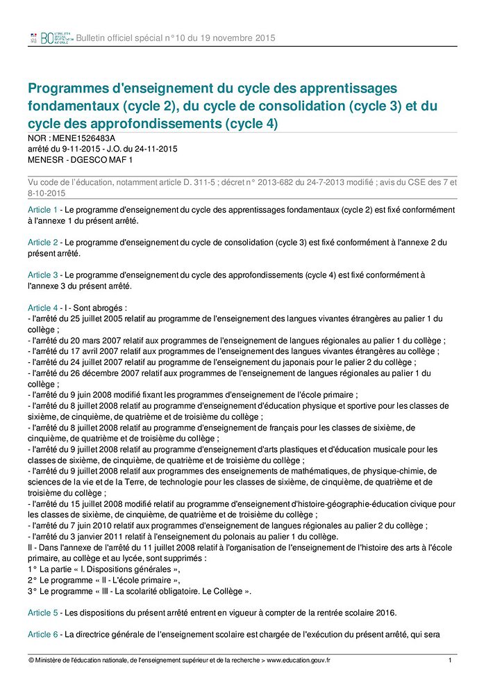 Bulletin Officiel Physique Chimie Cycle 4 BO spécial n°11 26/11/2015 Programmes d'enseignement du cycle des  apprentissages fondamentaux (cycle 2), du cycle de consolidation (cycle 3)  et du cycle des approfondissements (cycle 4) — Site Education Physique et  Sportive